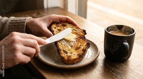 Person spreading butter on toasted bread at a cozy cafe table with coffee
