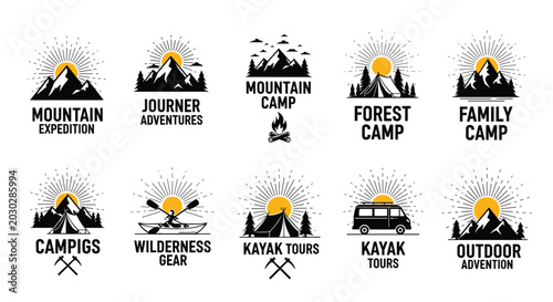 Collection of ten vintage style outdoor camping and adventure logos featuring mountains, tents, kayaks, and forest elements with sun rays.