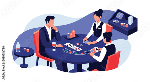 Group of stylish people plays a high-stakes game of poker at a casino table with cards and chips in a sophisticated and moody gambling environment.