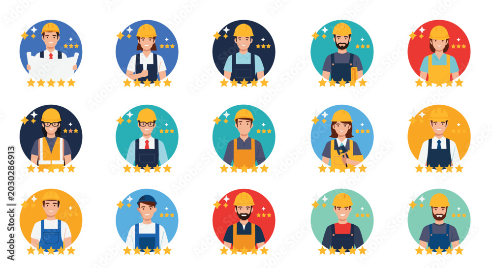Fototapeta premium Professional construction worker avatars with various ethnicities wear yellow hard hats and display high performance ratings represented by gold stars.