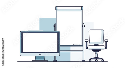 Tableau sur toile This flat vector illustration features a modern workspace setup with a large computer monitor, a mobile flipchart, and a sleek office swivel chair