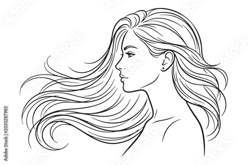 Minimalist woman face profile with long blowing hair vector line art
