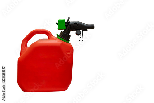 Φωτογραφία Red plastic portable jerrycan for gasoline fuel storage with an integrated black