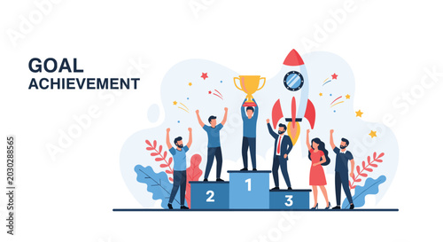 Group of business people celebrating goal achievement on winners podium next to launched rocket representing success and rapid growth.