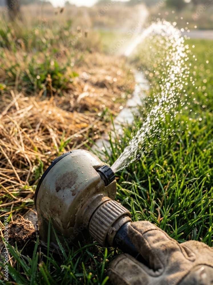 Fototapeta premium Automatic landscape sprinkler head spraying water on green turf grass for lawn irrigation, garden maintenance and drought management services with blurred background
