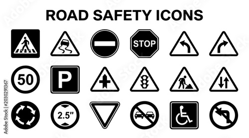 Photos A comprehensive set of black and white icons representing various road safety signs, traffic regulations, and symbols