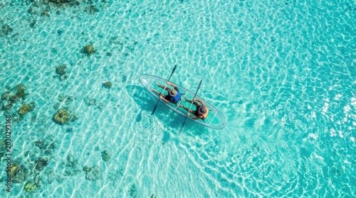 Two people paddle a clear, transparent kayak across turquoise water over a coral reef. The kayakers are actively rowing, enjoying a peaceful water activity.
