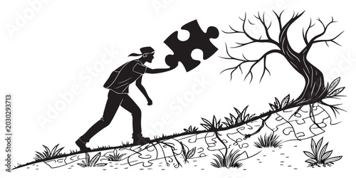 Foto Silhouette of a person carrying a puzzle piece up a hill made of jigsaw parts to