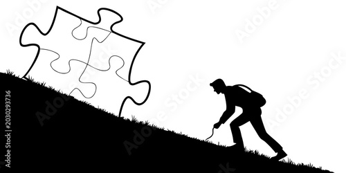 Foto Silhouette illustration of a person pulling a large jigsaw puzzle piece up a gra