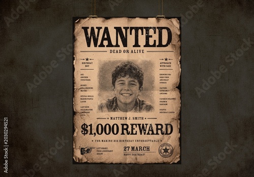 Vintage Wanted Poster Template, Old West Western Flyer & Retro Bounty Birthday Invite Layout