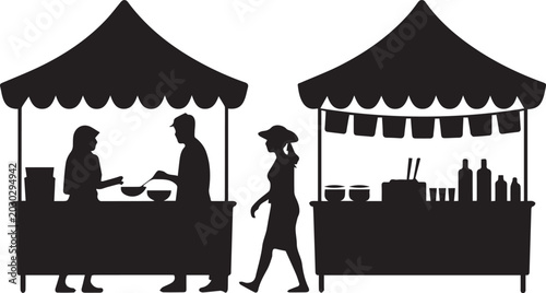 Street food market vendor preparing food for customer at stalls silhouette illustration on isolated transparent background vector.