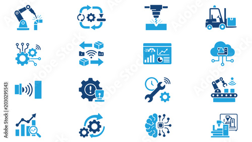 Industrial Automation & Smart Factory Glyph Icon Set for Industry 4.0 Dashboard