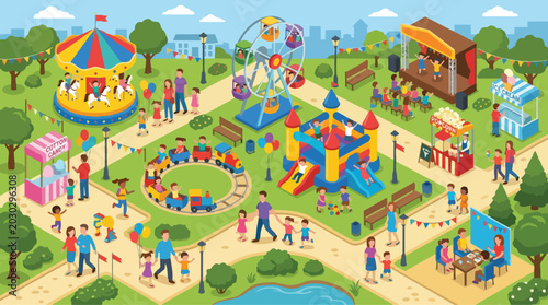 Amusement Park Scene with Families Enjoying Rides and Entertainment