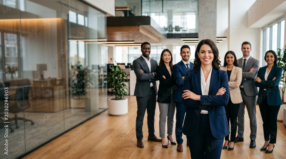 Fototapeta premium Diverse real estate team standing in modern luxury property office with confident female realtor, brokers, property consultants sales executives, professional business portrait, commercial property