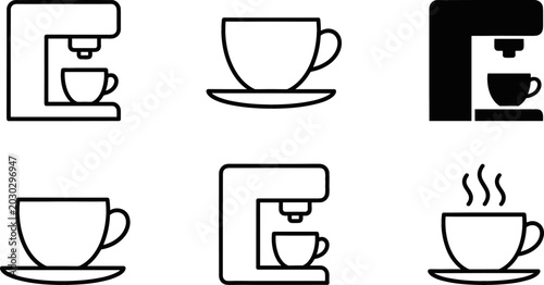 Cuadro en lienzo Coffee Maker Machine and Hot Espresso Cup Icon Set with Steaming Mug Symbols for