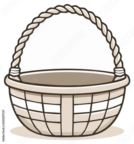 Woven Round Basket with Twisted Handle Illustration on White Background