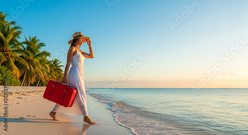 Beautiful young woman exploring a tropical beach with her red travel suitcase, perfect for summer vacation getaway concepts