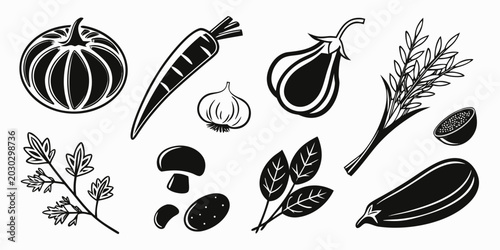 Photos Monochrome vegetable herb and grain icon set for food design with vegetable eggp