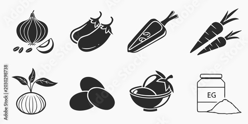 фотографія Set of simple food ingredient icons including vegetables and protein supplements