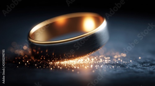 Precious bimetal circle rests upon a surface emanating brilliant golden sparkles