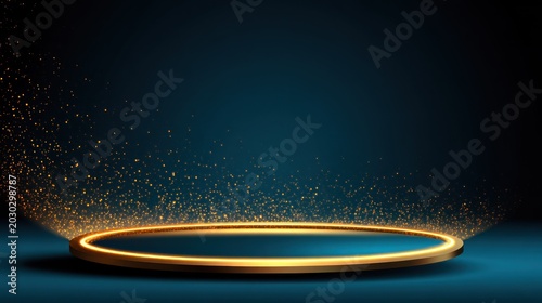 Illuminated golden circular platform rests upon a deep blue stage emitting shimmering particles.
