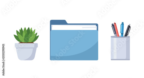 Tableau sur toile A minimalist vector illustration featuring a small potted succulent, a blue file folder, and a pen holder with various writing instruments