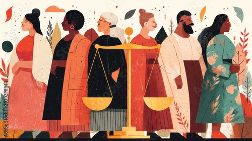 Diverse group of people stands united near a traditional symbol of fairness and balance