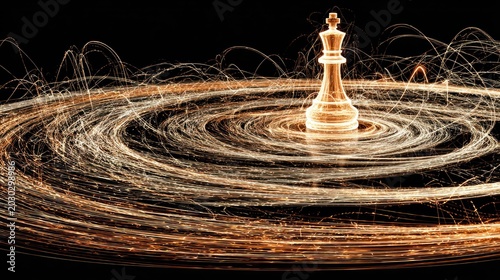 Illuminated game piece stands central amidst swirling trails of light against a dark backdrop