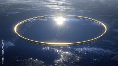 Glowing golden ring structure hovers above the illuminated planet surface at night