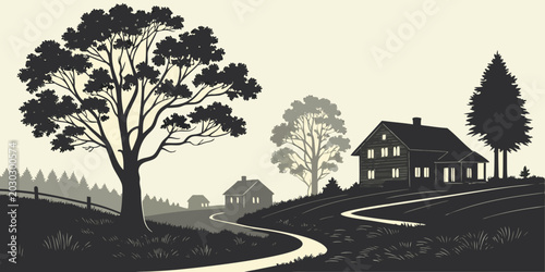 Cuadro en lienzo Black and white rural landscape with a farm house and trees landscape farmhouse