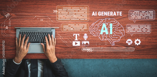 Fotografie Hands Typing on Laptop with AI Generation Concepts and Digital Elements on Wooden Desk for Creative and Innovative Technology Themes Haptic