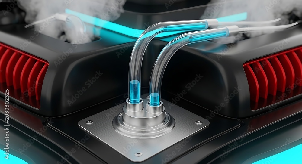 Fototapeta premium Advanced cooling system for high performance computer processor with glowing blue liquid and steam rising from internal components