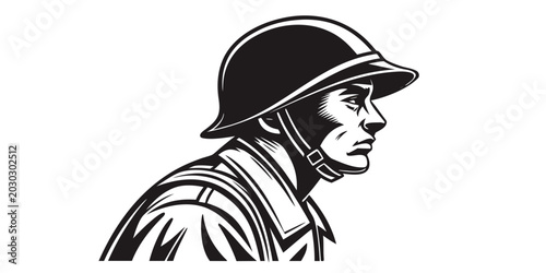 Fotografie Black and white profile graphic of a soldier wearing a combat helmet with milita