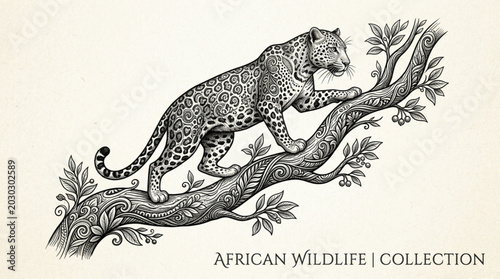 Tableau sur toile Leopard climbing a tree in black and white illustration.