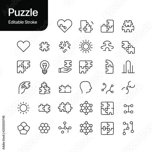 puzzle piece icons set minimalist line art on white background