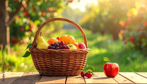 basket with various fruits on the table in garden, part 7