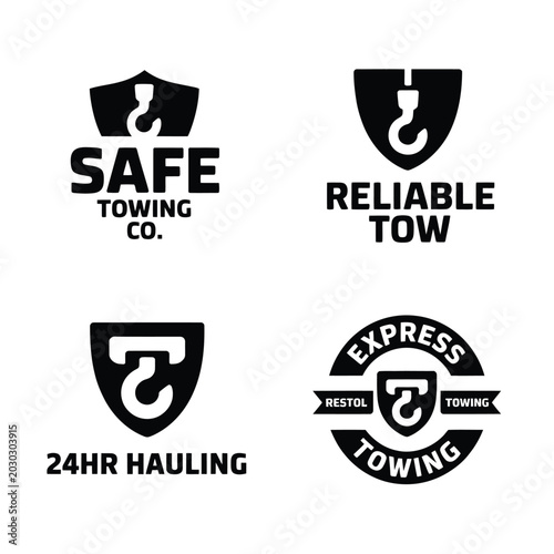 Towing company logos with hook icons black and white graphic