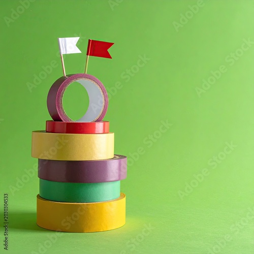 Colorful tape rolls stacked, flags on top, green backdrop