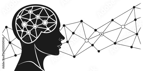 Canvas Print Graphic profile of a human head silhouette connected to a sprawling digital neur