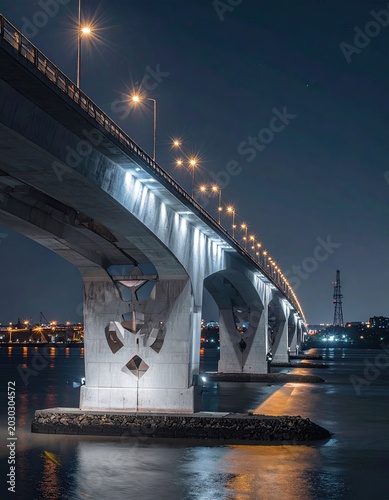 Illuminated concrete bridge spanning dark water at night