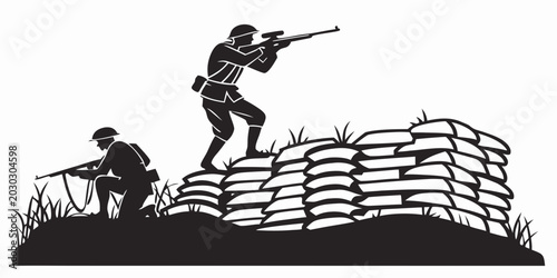 Fotografía Two soldiers silhouette defending behind sandbags trench position with military
