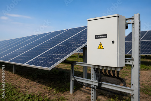 Solar combiner box beside photovoltaic panel array