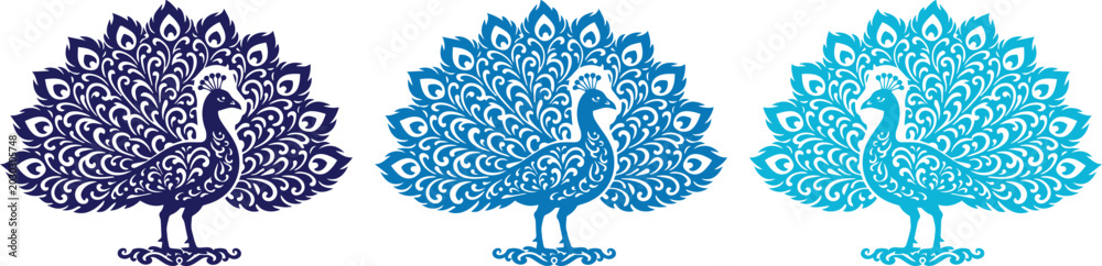 Fototapeta premium Elegant peacock vector illustrations, a set of three stylized birds with ornate tail feathers in shades of blue, decorative animal graphics for branding and design projects.