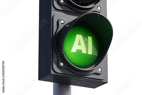 Foto Green traffic light with AI letters illuminated in realistic style on a white background as a creative concept element for modern technology