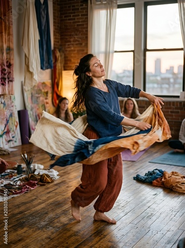Expressive Woman Dancing with Flowing Indigo Shibori Fabric in Brick Loft Art Studio at Sunset with Seated Audience for Somatic Movement and Creative Wellness Workshop Concept