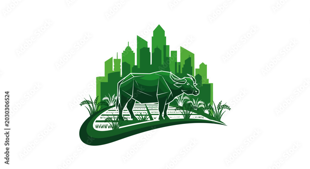 Naklejka premium Green Eco Cityscape with Elephant and Nature Fusion Artwork.