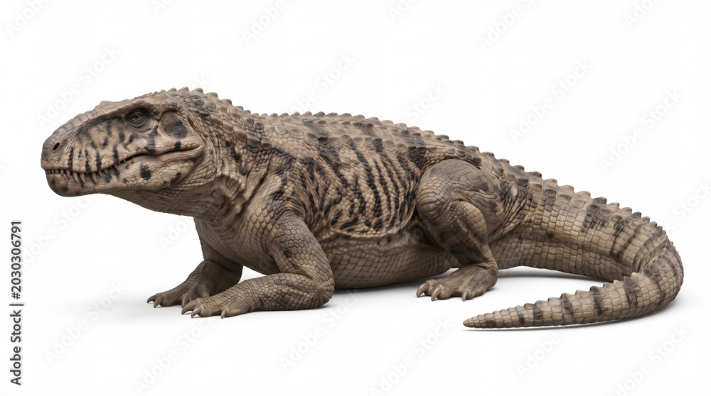 Fototapeta premium Prestosuchus chiniquensis sitting and resting, realistic 3D reconstruction of a Triassic archosaur predator on a clean white background with detailed anatomy and natural behavior.