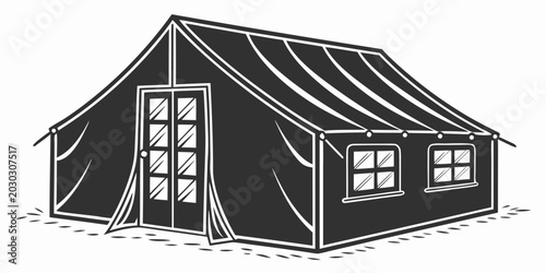 Foto Large black canvas camping tent with door and graphic illustration adventure vac