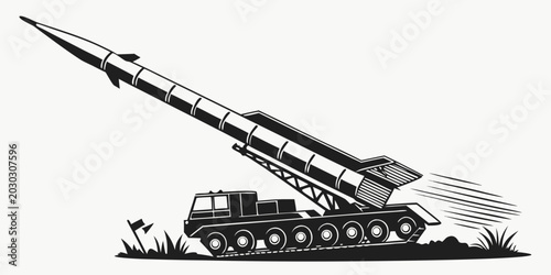 Cuadro en lienzo Military mobile ballistic missile launcher vehicle in launch position graphic wi