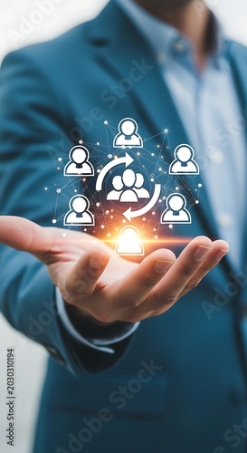 Business professional presenting a network of interconnected people graphic